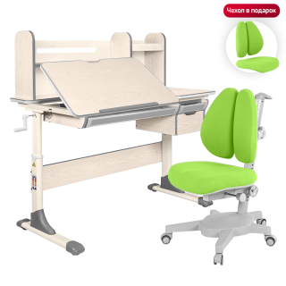 Комплект Anatomica Genius парта + кресло + надстройка + выдвижной ящик + подставка для книг клен/серый с зеленым креслом Armata Duos